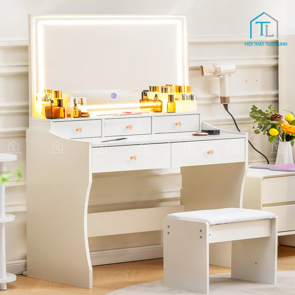 Bàn trang điểm gương LED hiện đại kèm ghế ngồi đồng bộ