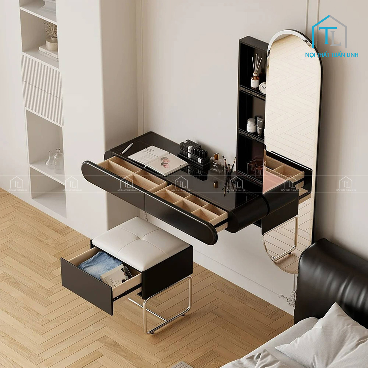Bàn trang điểm gỗ công nghiệp màu đen kèm gương và ghế
