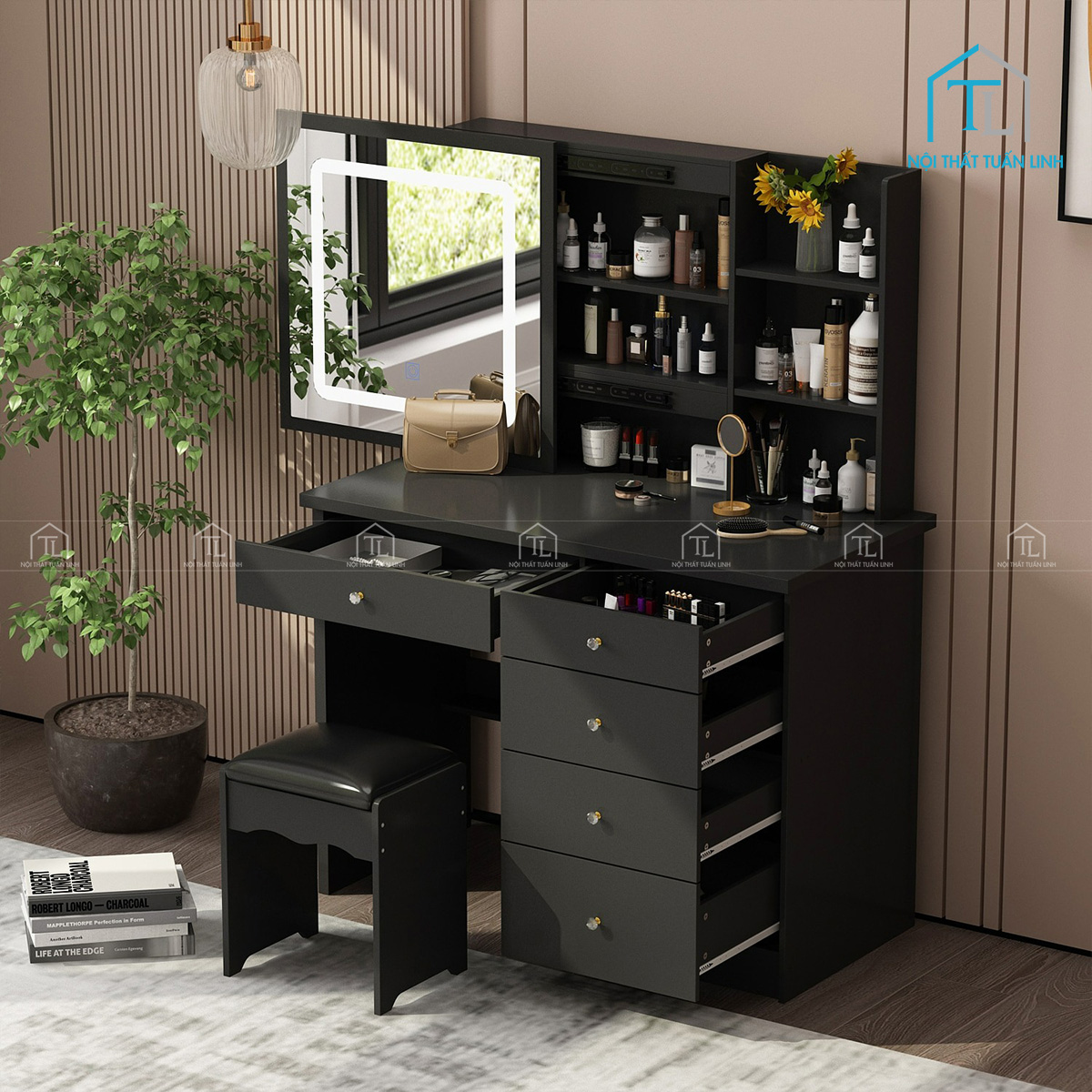 Bàn trang điểm gỗ MDF gương trượt LED màu đen hiện đại