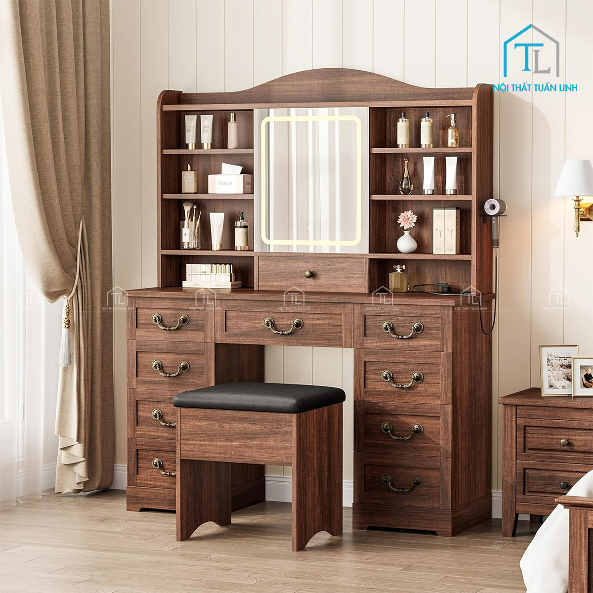 Bàn trang điểm gỗ MDF nhiều ngăn kèm gương LED hiện đại