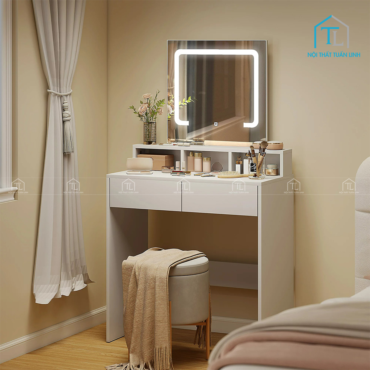 Bàn trang điểm gỗ MDF trắng thiết kế hiện đại