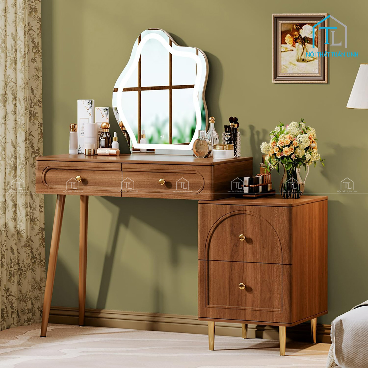 Bàn trang điểm gỗ MDF vân óc chó phong cách hiện đại