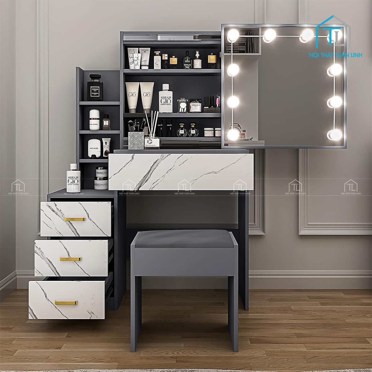 Bàn trang điểm MDF màu trắng gương trượt đèn LED