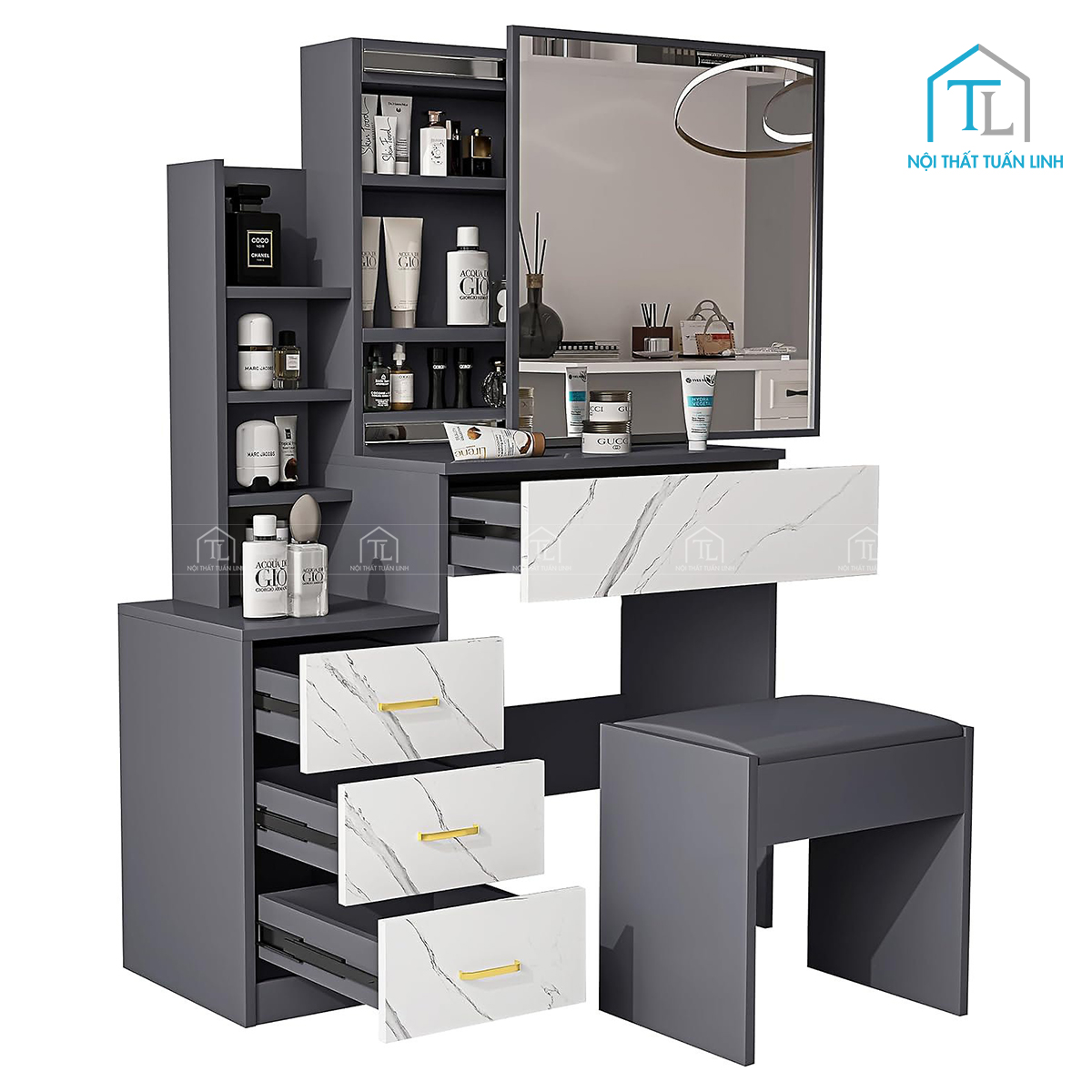 Kệ lưu trữ mở và ngăn ẩn phía sau gương