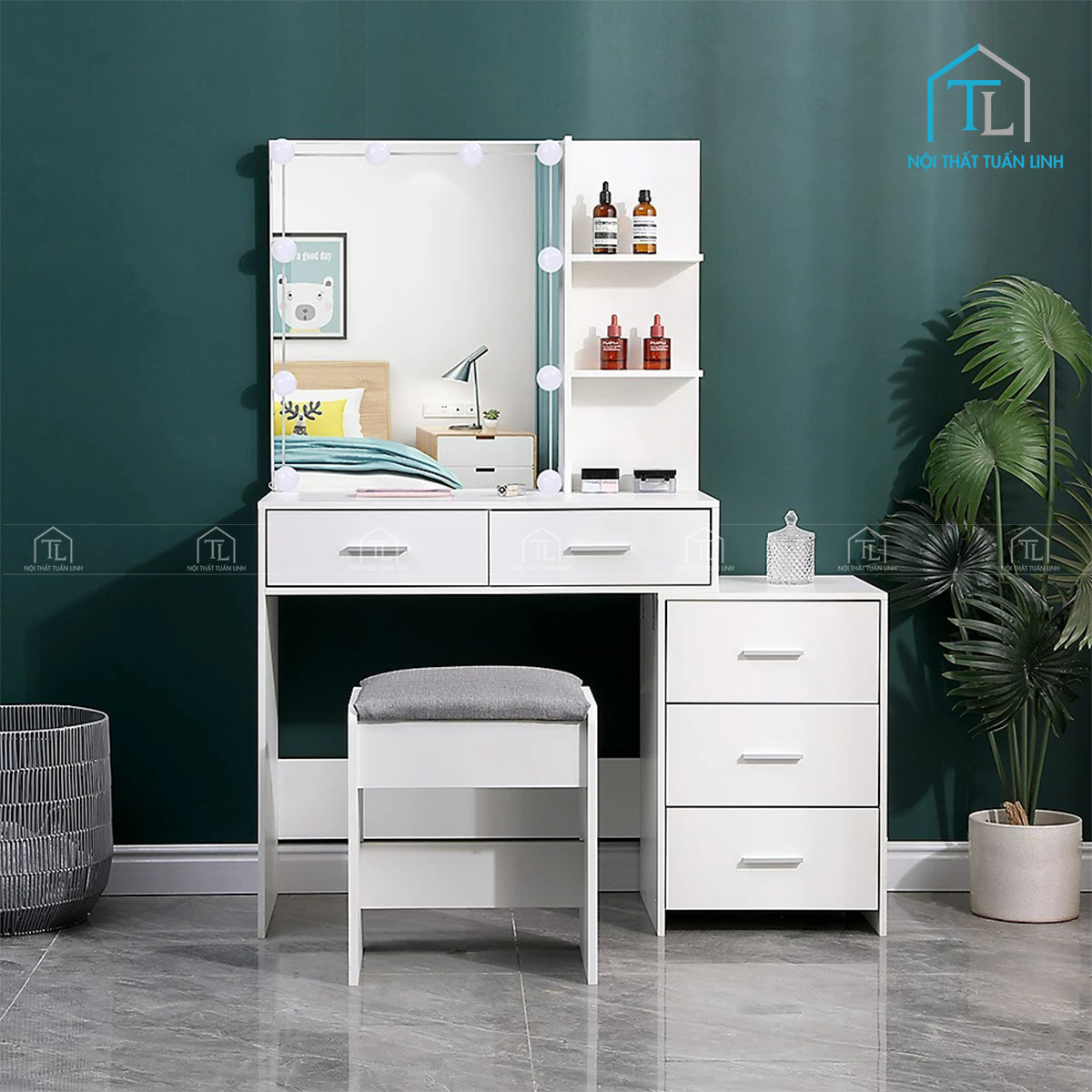 Bàn trang điểm MDF màu trắng gương lớn