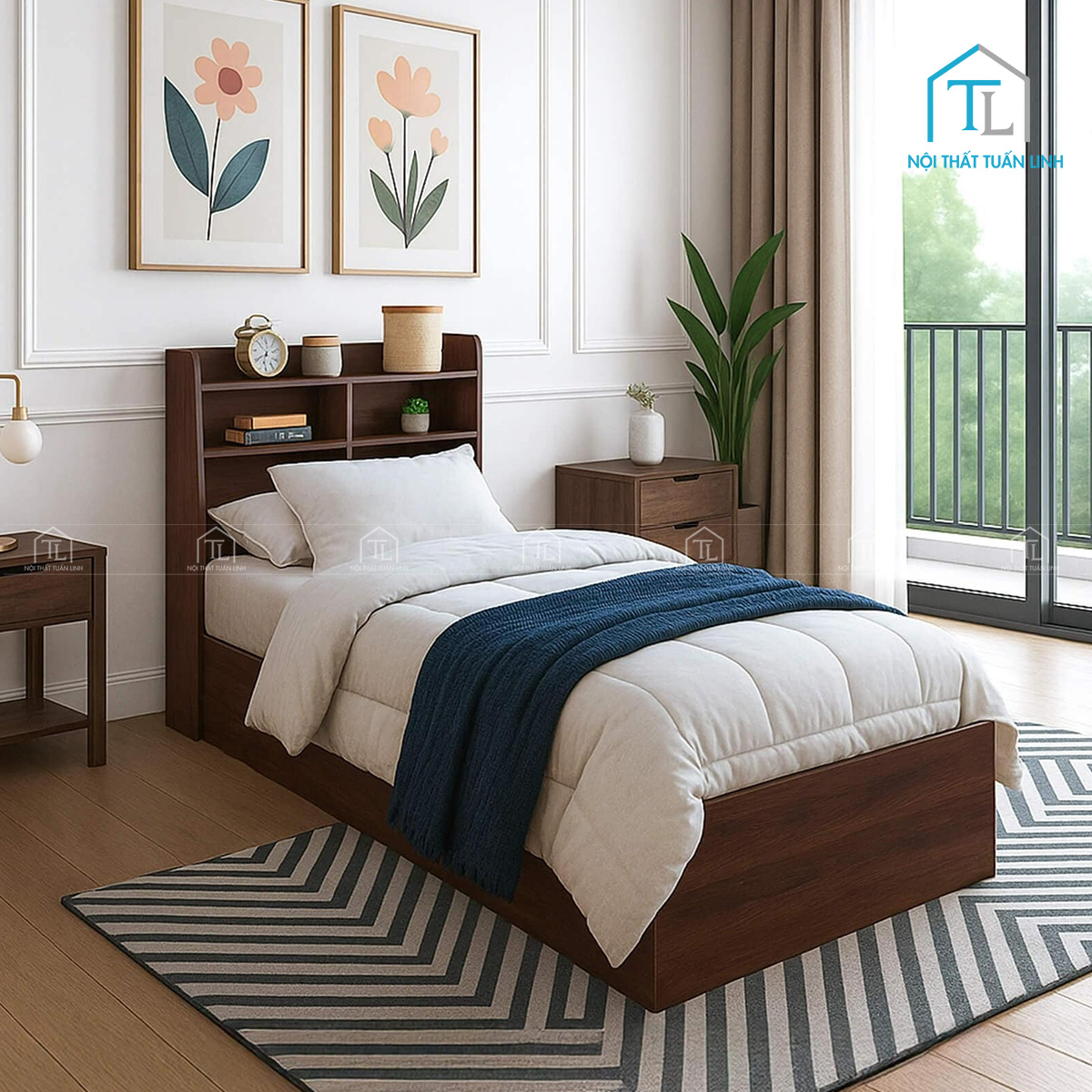 Giường đơn gỗ công nghiệp thiết kế hiện đại, gọn gàng