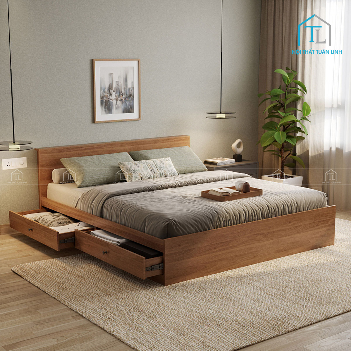 Không gian phòng ngủ hoàn thiện với giường ngủ