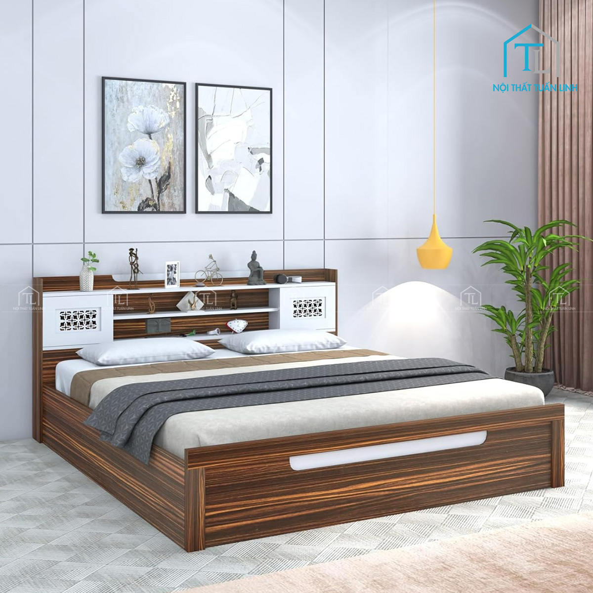 Giường ngủ gỗ công nghiệp King Size màu vân gỗ và trắng hiện đại