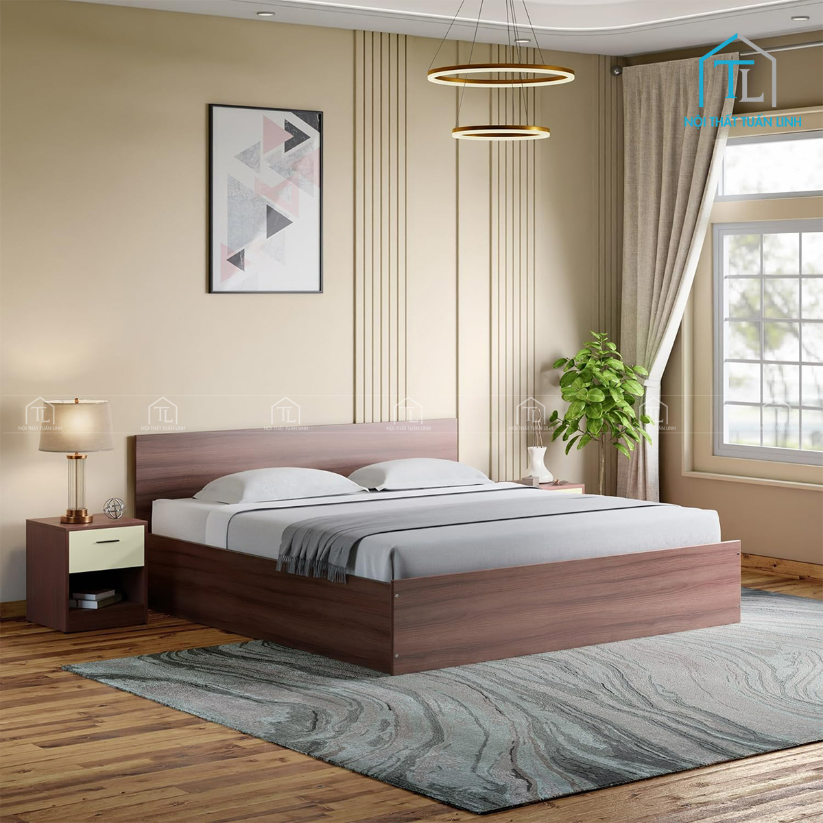 Tổng thể giường ngủ gỗ công nghiệp có hộc nâng