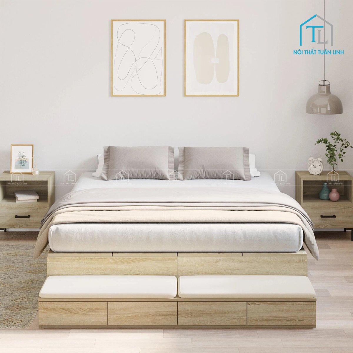 Giường ngủ gỗ công nghiệp màu gỗ sồi hiện đại