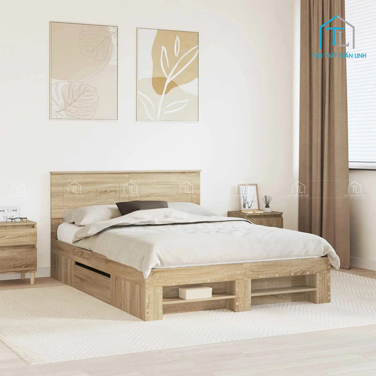 Giường ngủ gỗ công nghiệp màu gỗ sồi hiện đại