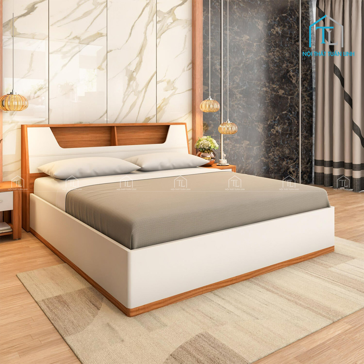 Tổng thể giường ngủ màu teak sang trọng