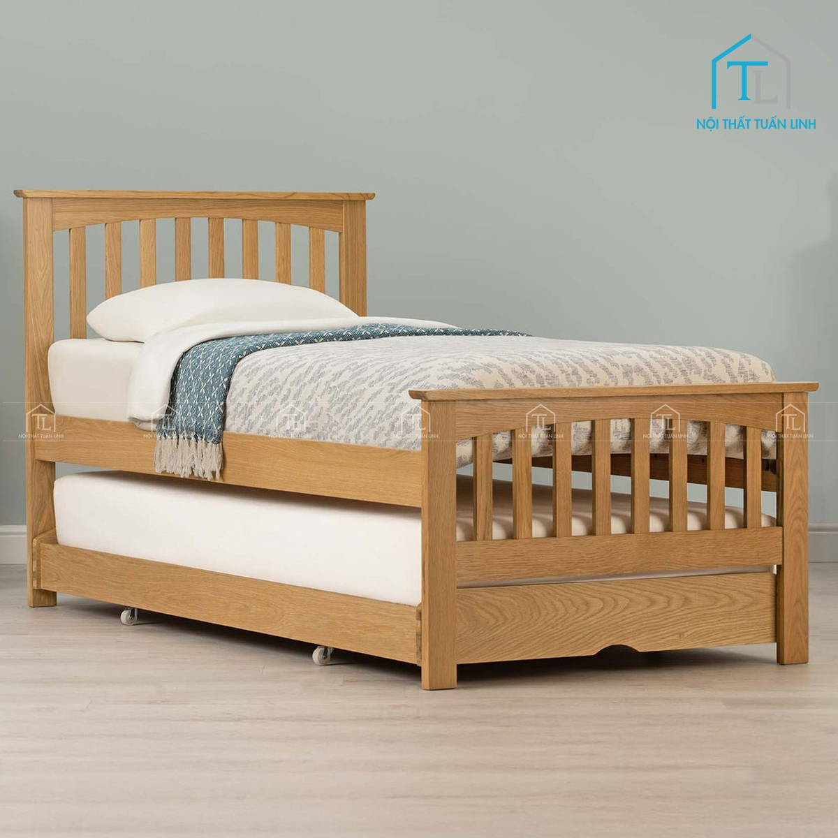 Tổng thể giường ngủ gỗ sồi tự nhiên kèm giường phụ thiết kế hiện đại