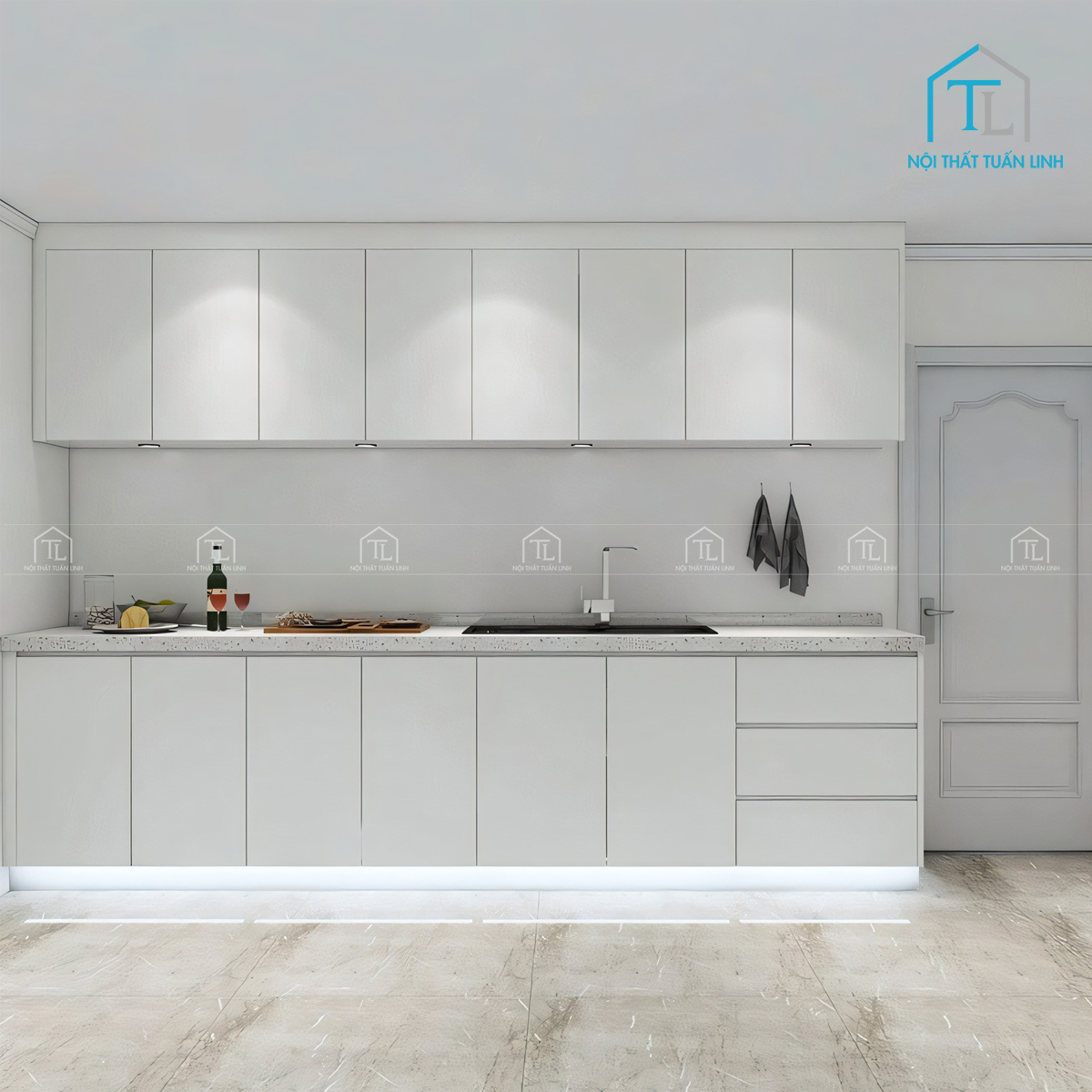 Tổng thể tủ bếp MDF trắng phong cách hiện đại