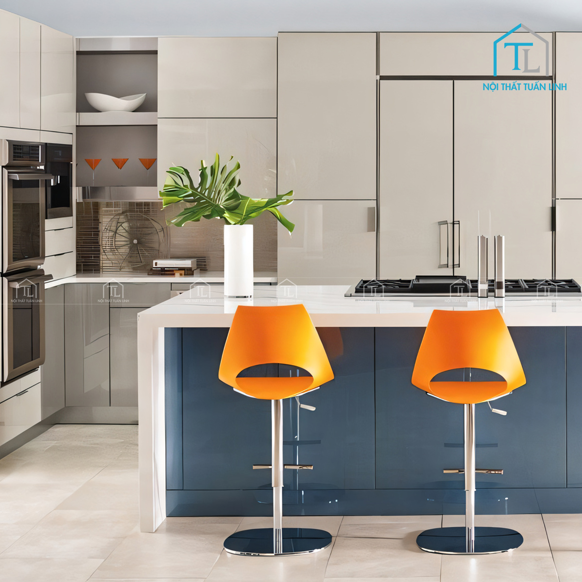 Đảo bếp màu xanh nổi bật