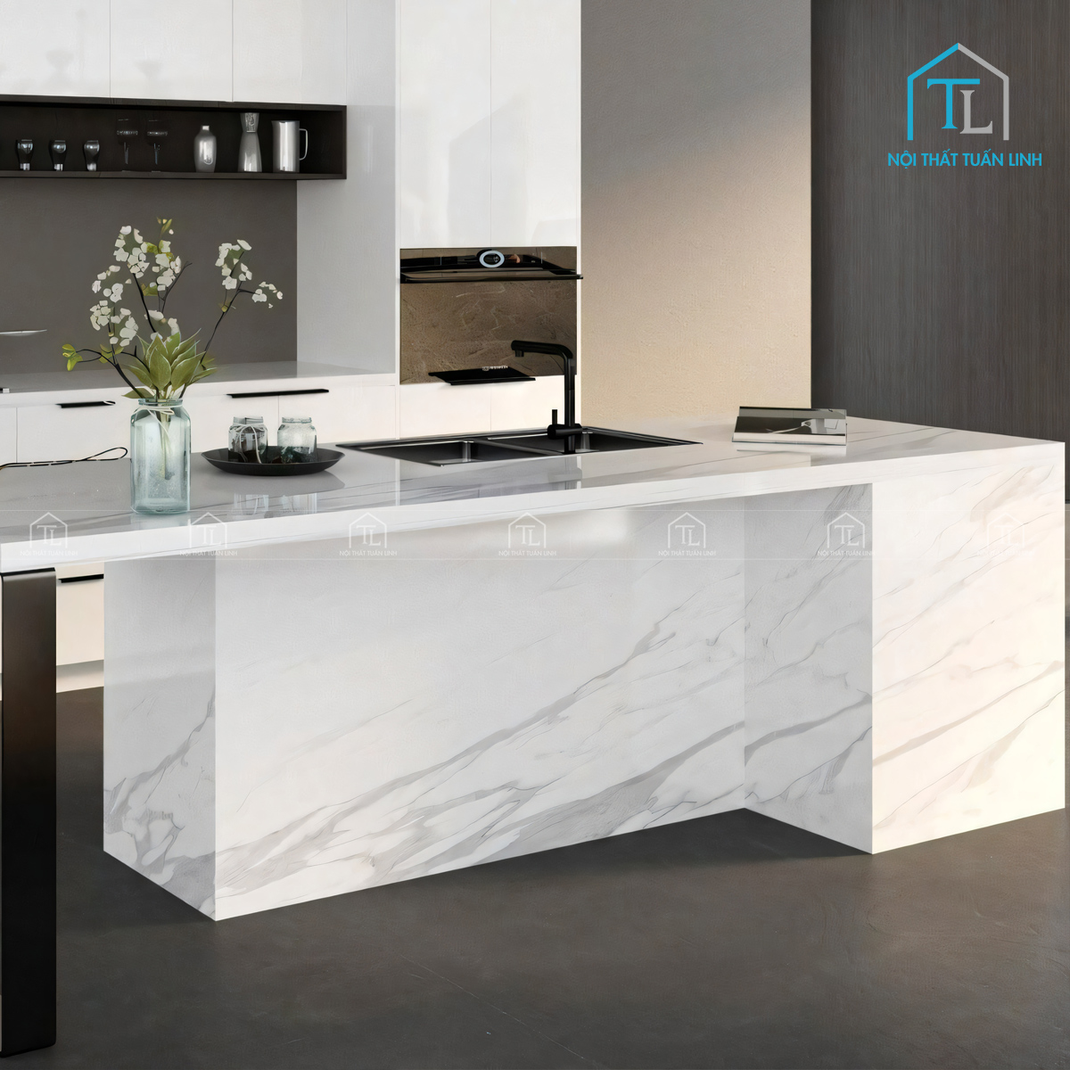 Bàn đảo bếp được thiết kế liền khối với mặt đá vân mây sáng