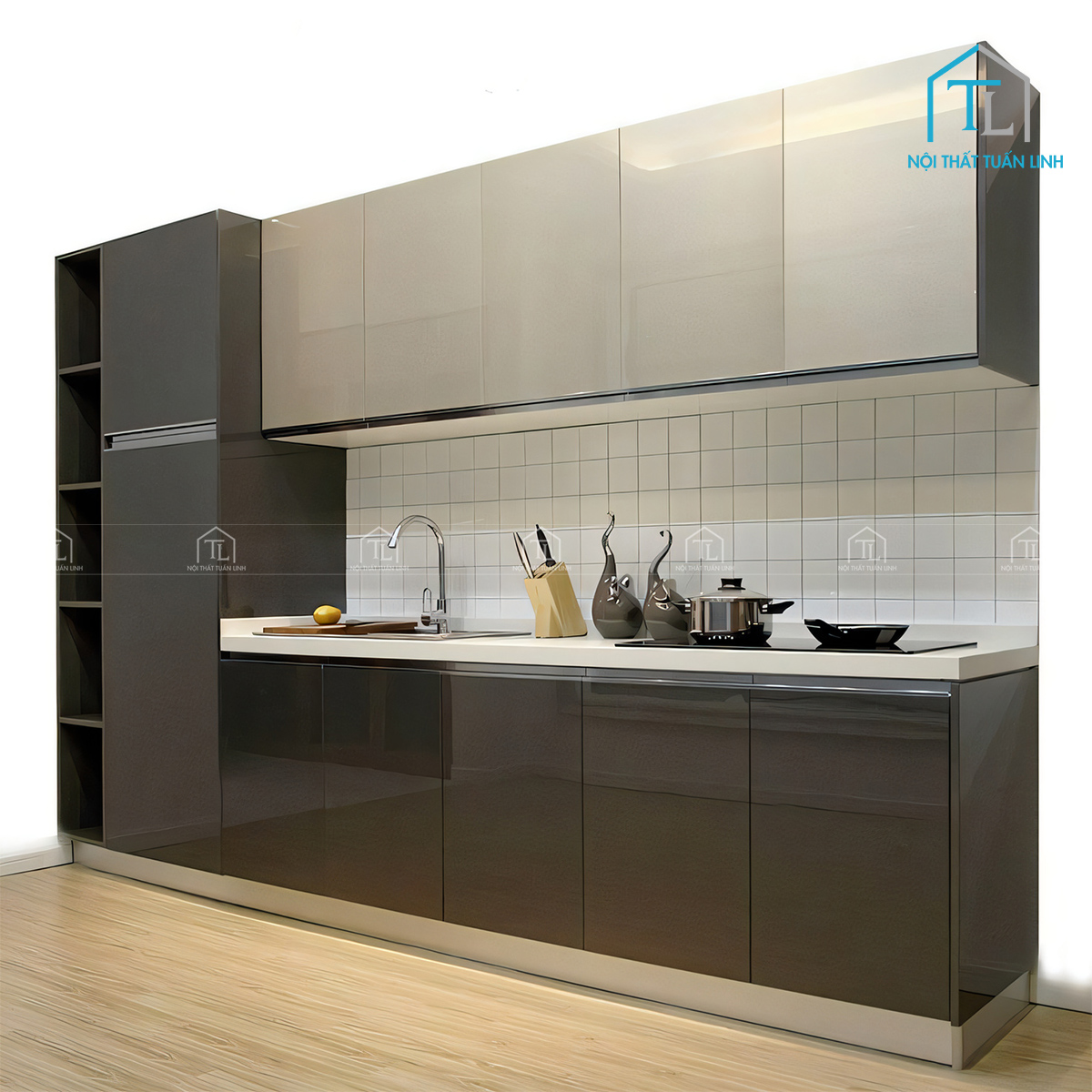 Tổng thể tủ bếp Acrylic bóng gương