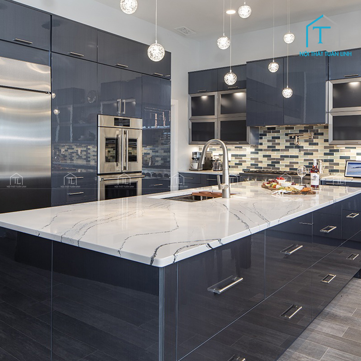 Tổng thể tủ bếp Acrylic bóng màu xanh hiện đại