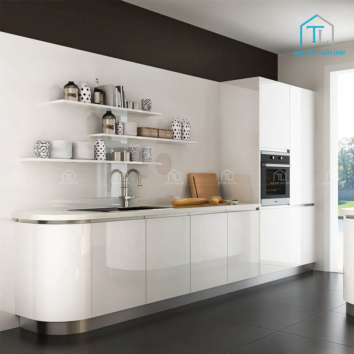 Tủ bếp Acrylic trắng bóng gương bo góc