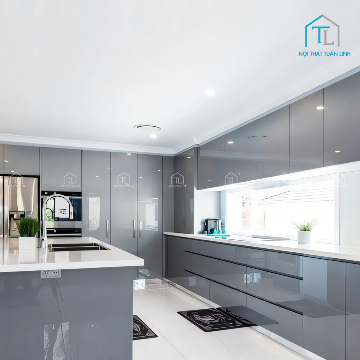 Tổng thể tủ bếp Acrylic xám bóng gương chữ L hiện đại
