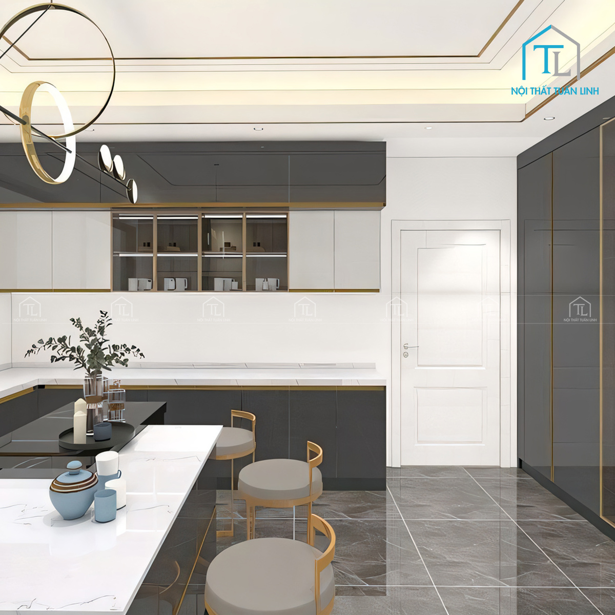 Tổng thể tủ bếp Acrylic trắng xám đen phong cách hiện đại