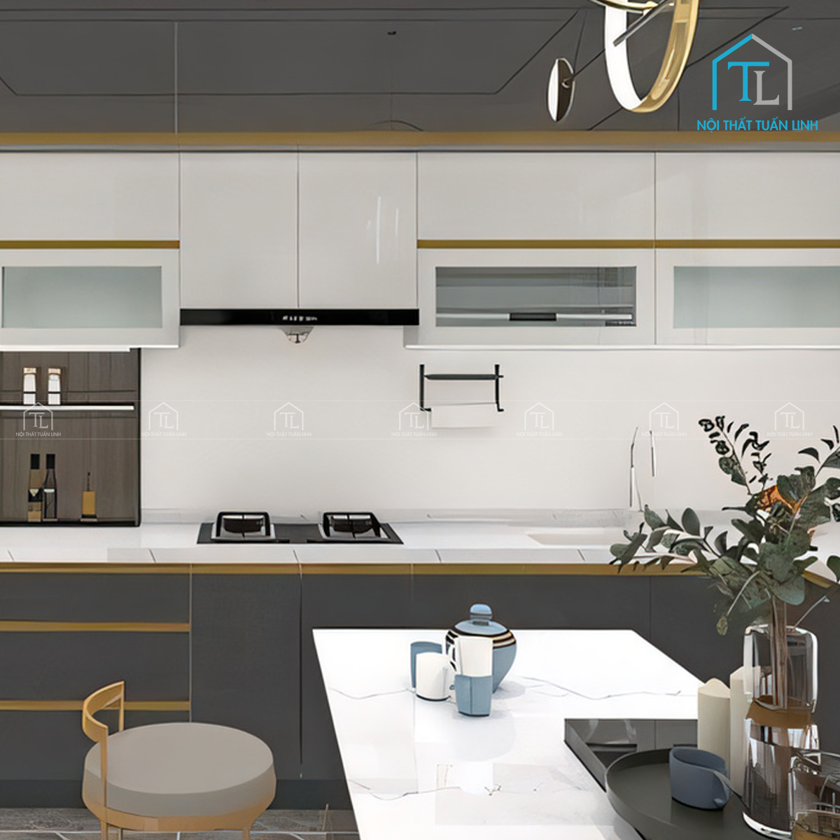 Tủ bếp Acrylic xám đen kết hợp trắng bóng gương cho không gian bếp thêm sang trọng