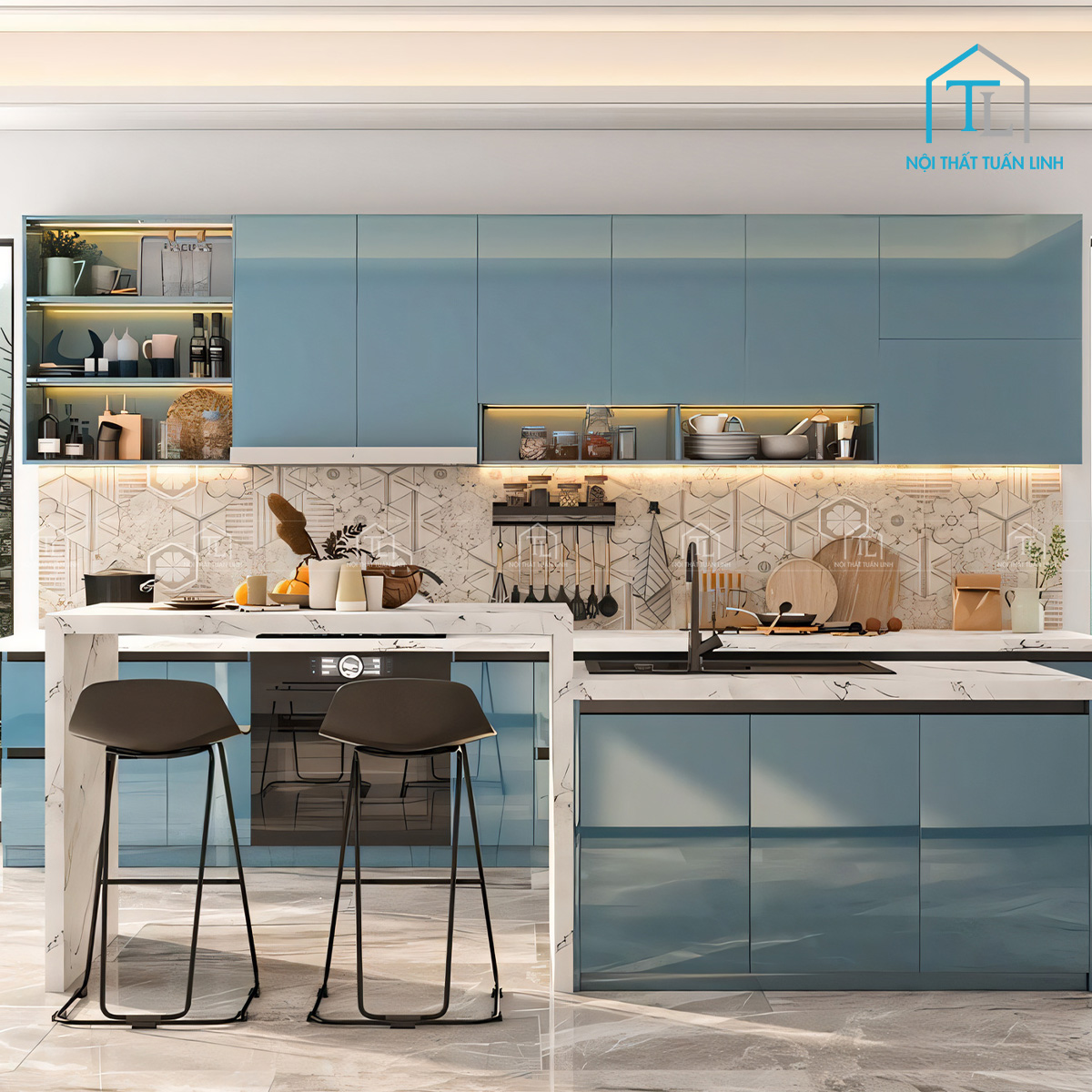 Tổng thể tủ bếp acrylic xanh khói thiết kế liền khối hiện đại