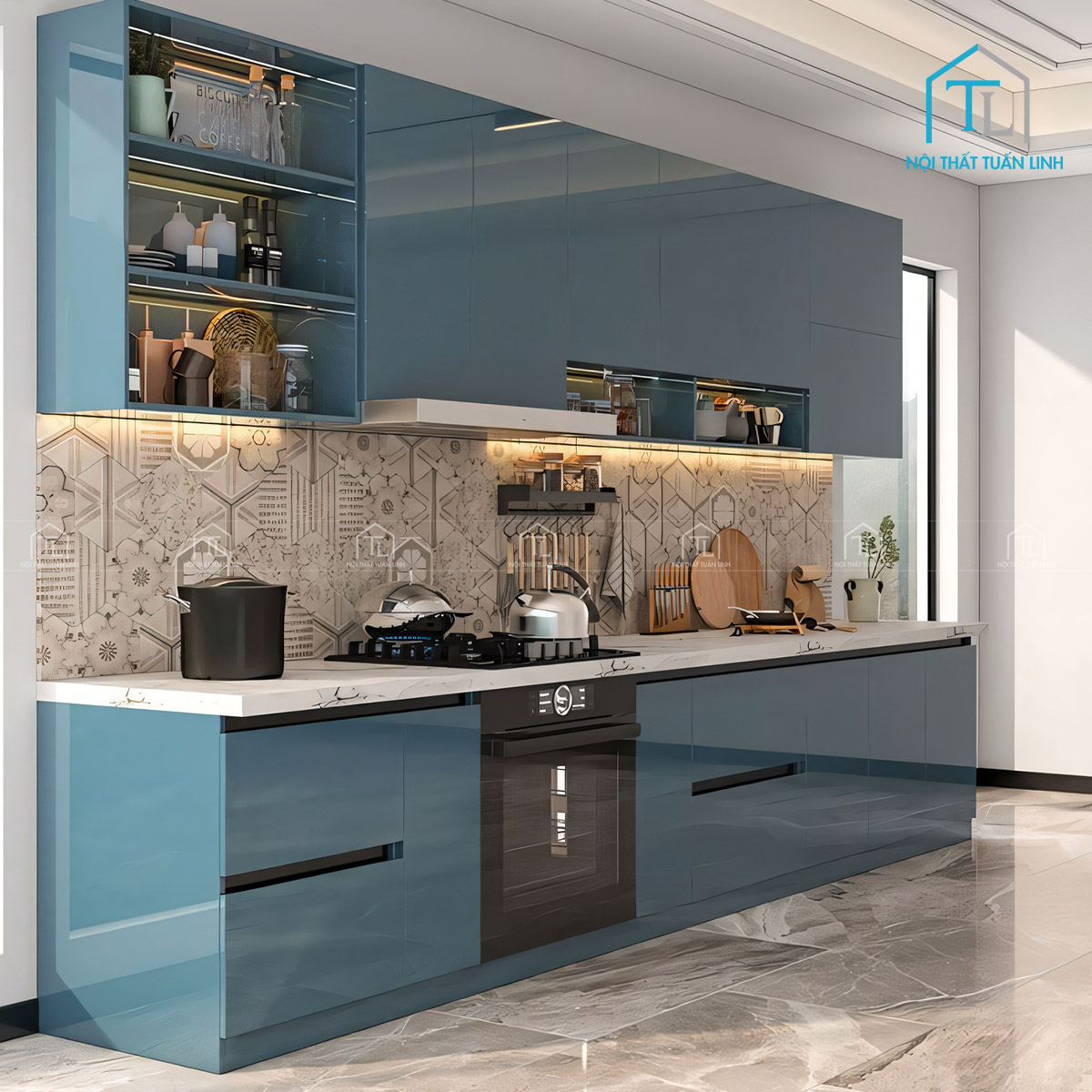 Hệ tủ bếp trên acrylic xanh khói bóng gương