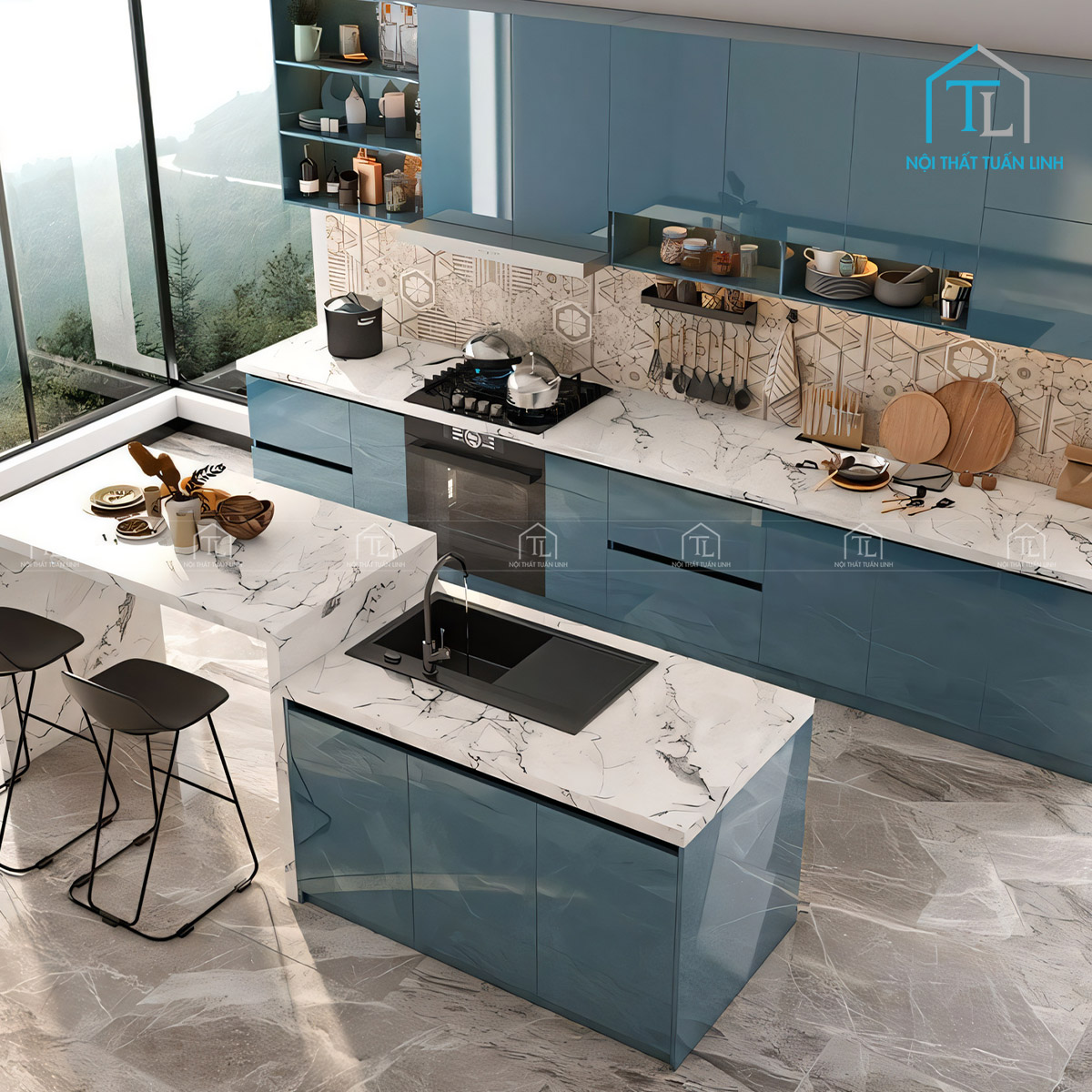 Bàn đảo bếp acrylic xanh khói đồng bộ