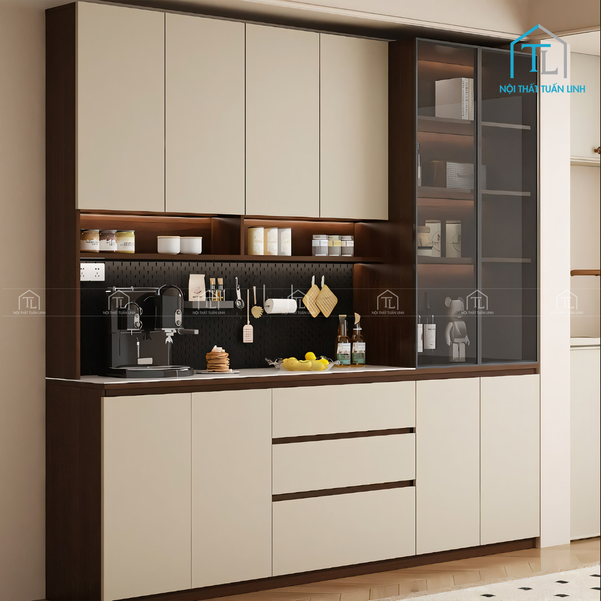 Tổng thể tủ bếp cánh kính phong cách hiện đại