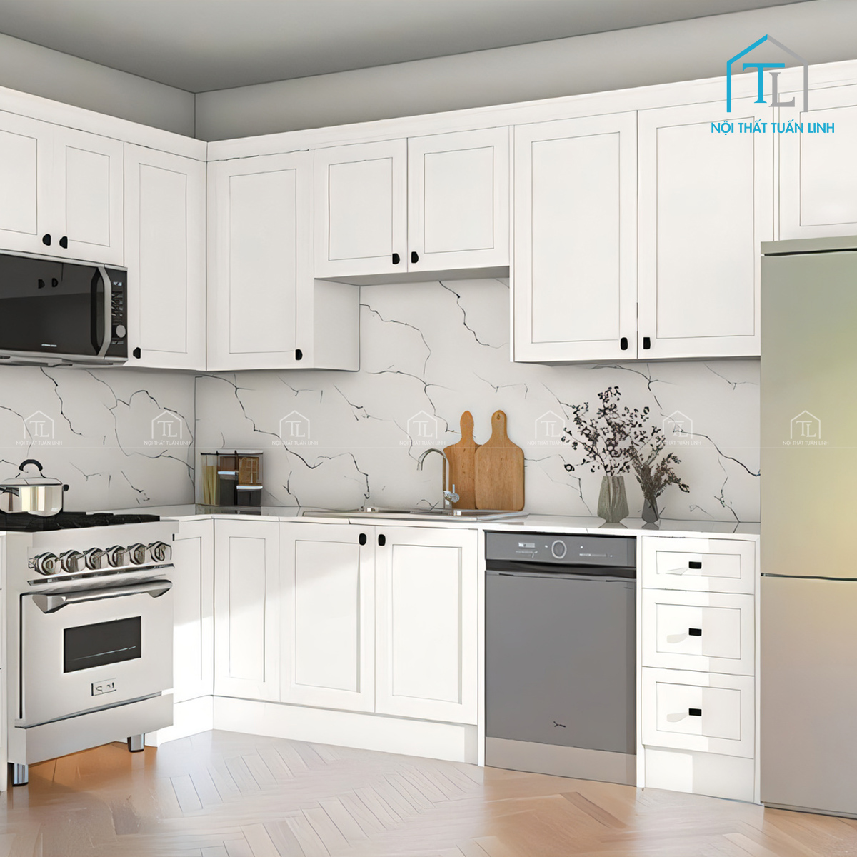 Tủ bếp gỗ công nghiệp cánh trắng hiện đại thiết kế gọn gàng
