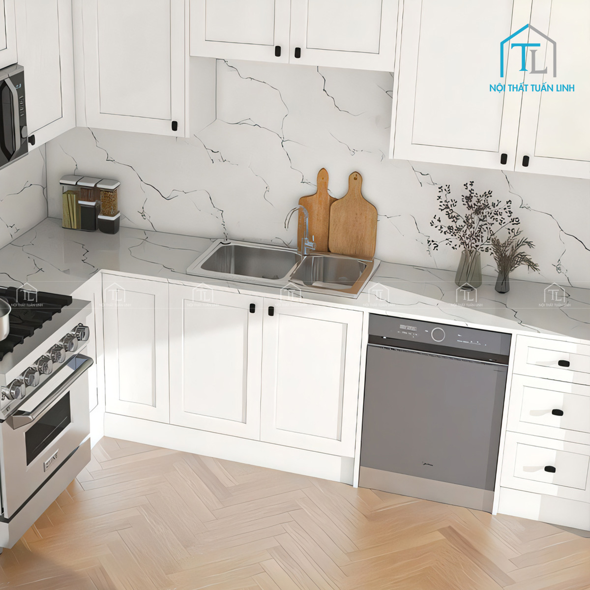 Cánh tủ phẳng màu trắng tạo cảm giác hiện đại, tinh tế