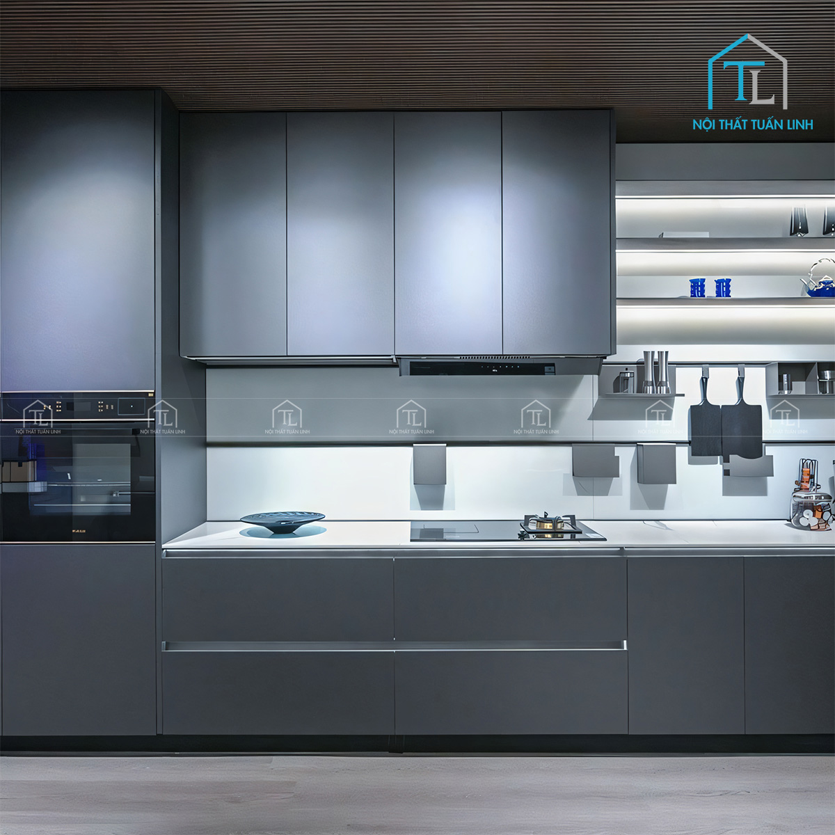 Tủ bếp gỗ công nghiệp màu xám mờ hiện đại