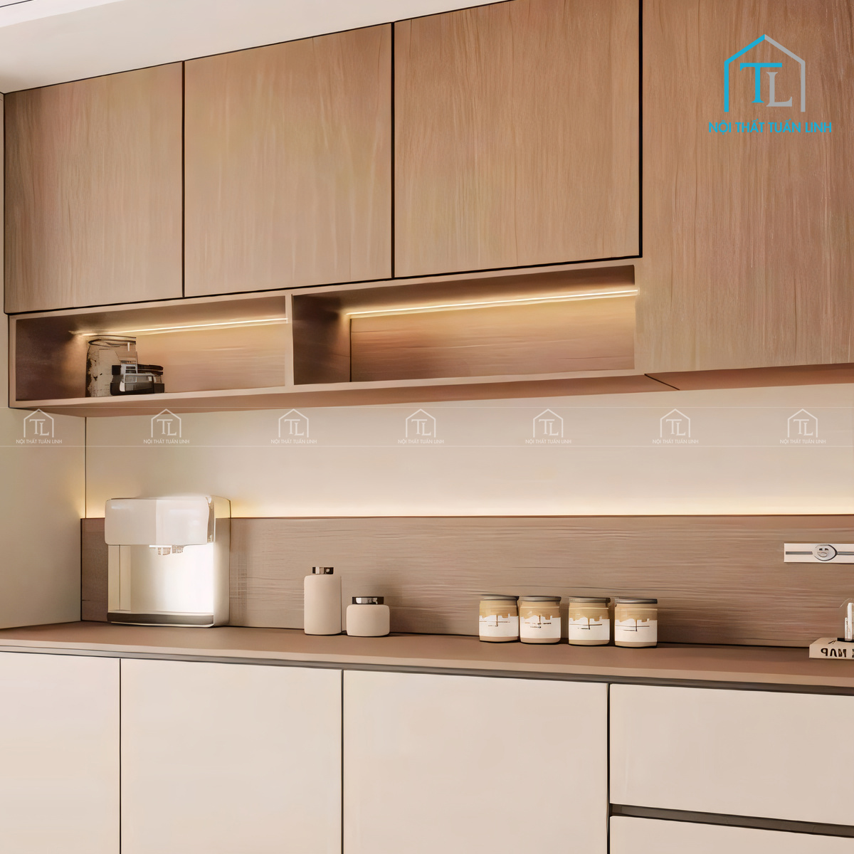 Tủ bếp trên được hoàn thiện từ gỗ công nghiệp MDF phủ Melamine vân gỗ