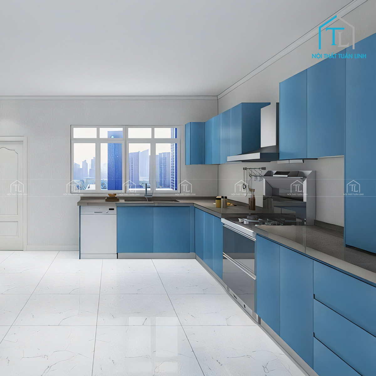 Tổng thể tủ bếp gỗ công nghiệp xanh dương