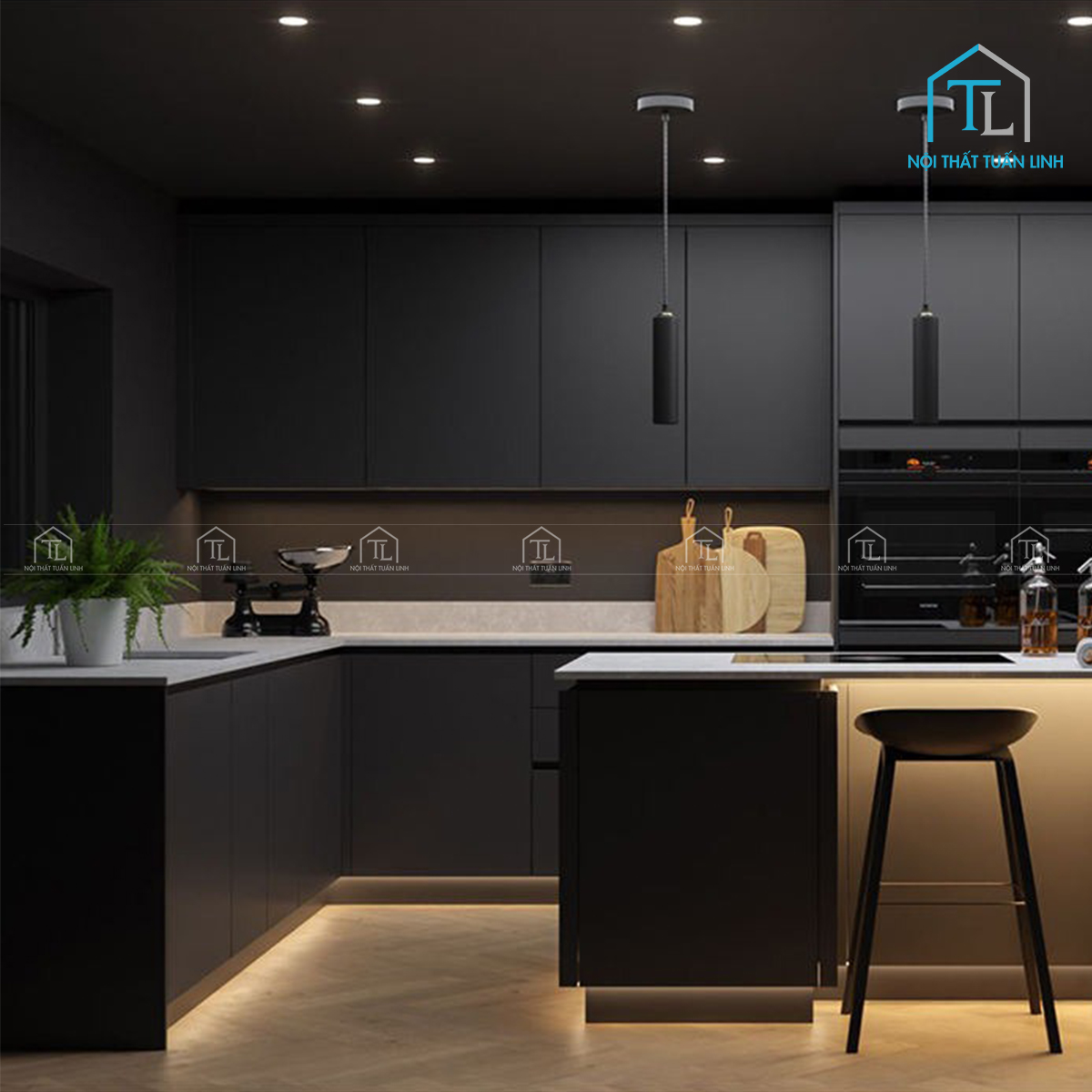 Tủ bếp MDF màu đen hiện đại