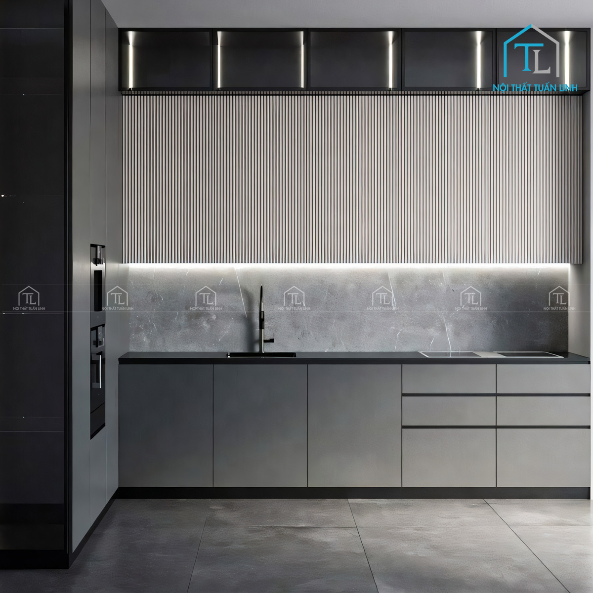 Tủ bếp MDF màu xám hiện đại