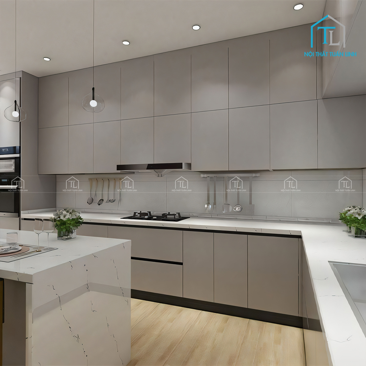 Tủ bếp MDF phủ Melamine màu xám cao cấp