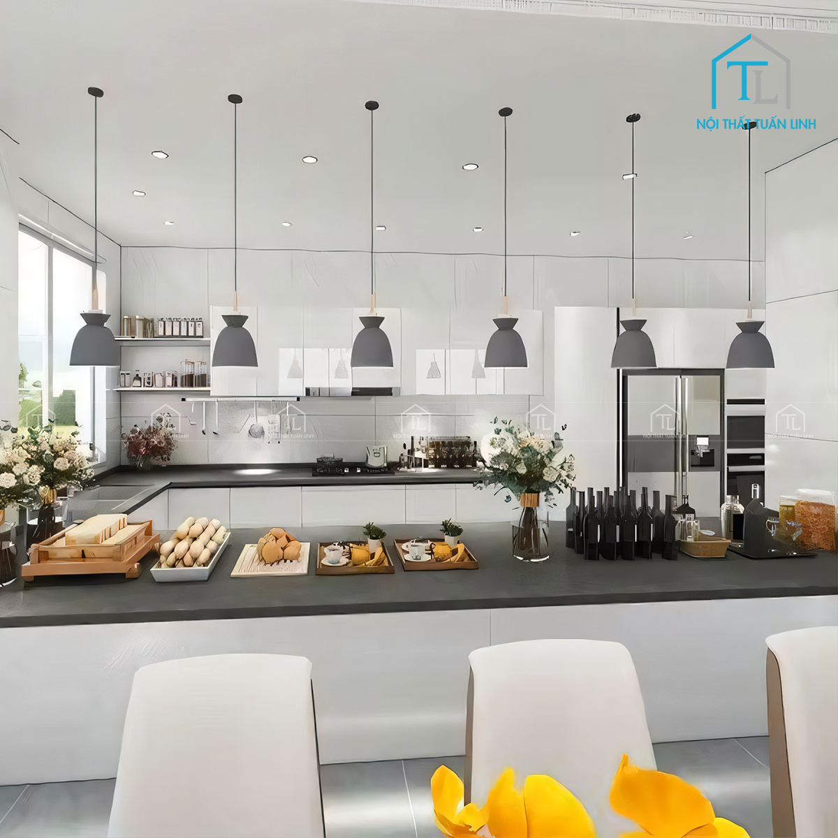Hệ tủ bếp trên Acrylic trắng bóng, bố trí khoa học