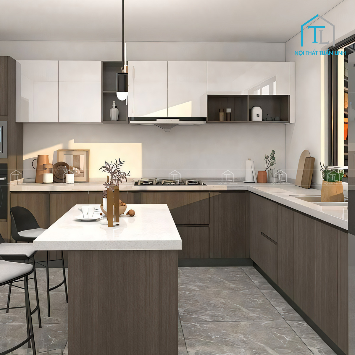 Hệ tủ bếp trên Acrylic trắng bóng gương