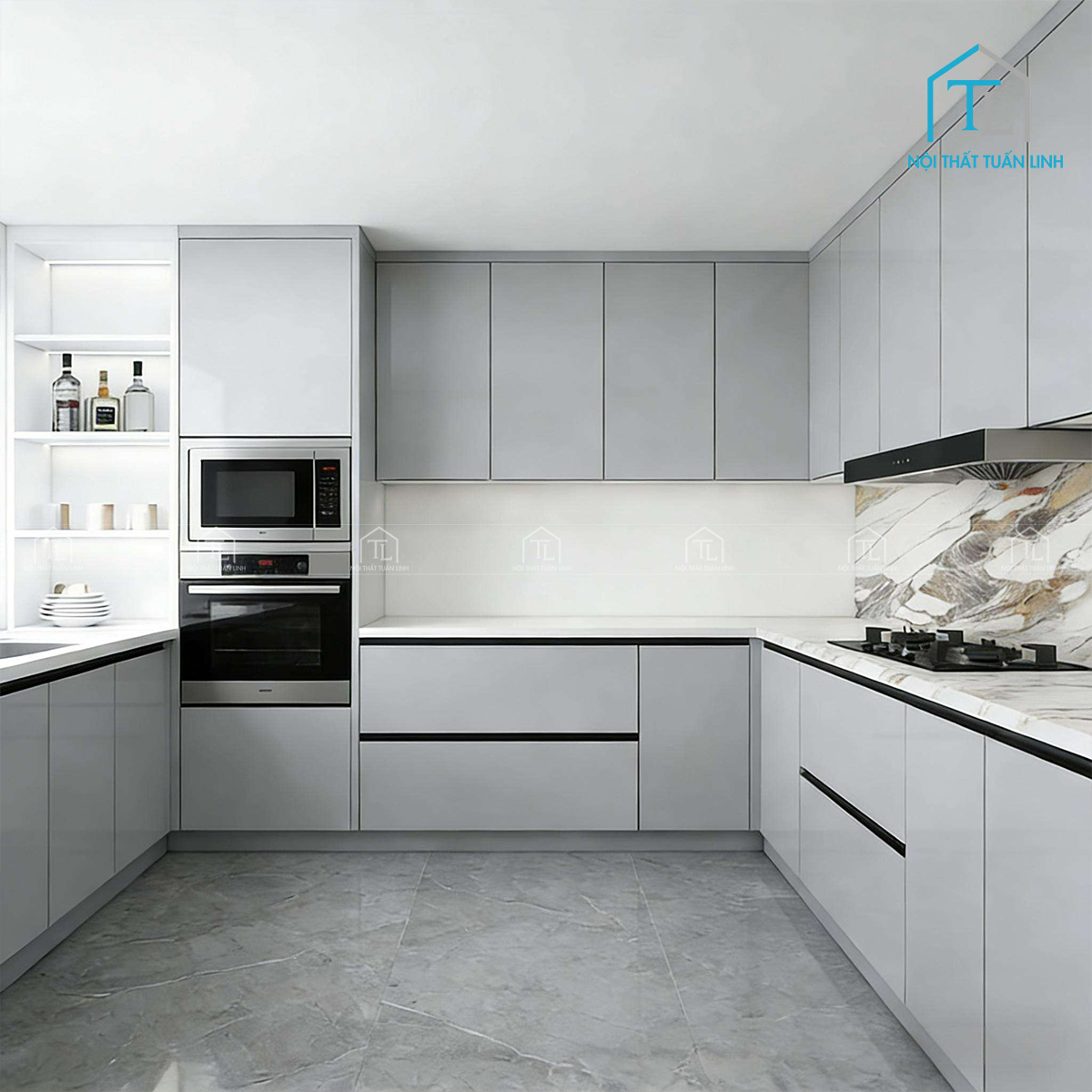 Tủ bếp trên MDF màu trung tính, thiết kế hiện đại