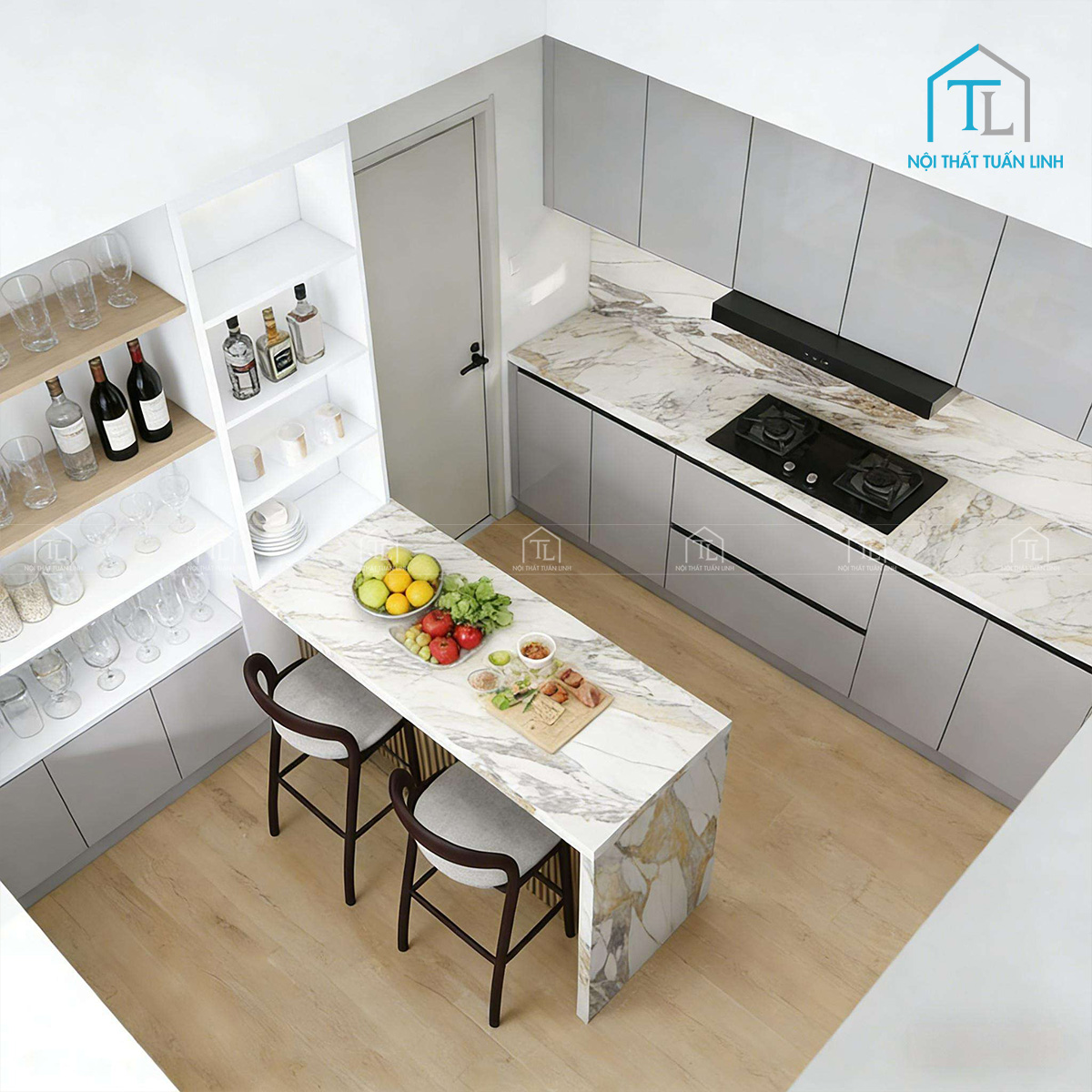 Không gian bếp hiện đại, gọn gàng với hệ tủ bếp trên thiết kế tối giản