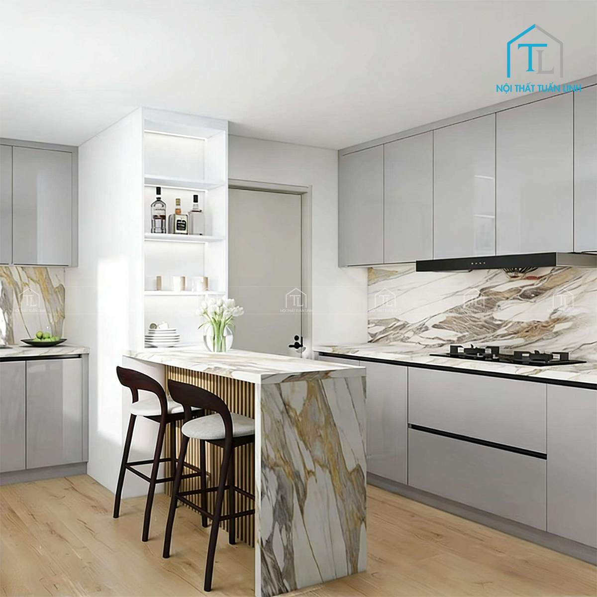 Bàn đảo bếp kết hợp tủ bếp trên tạo điểm nhấn sang trọng cho không gian
