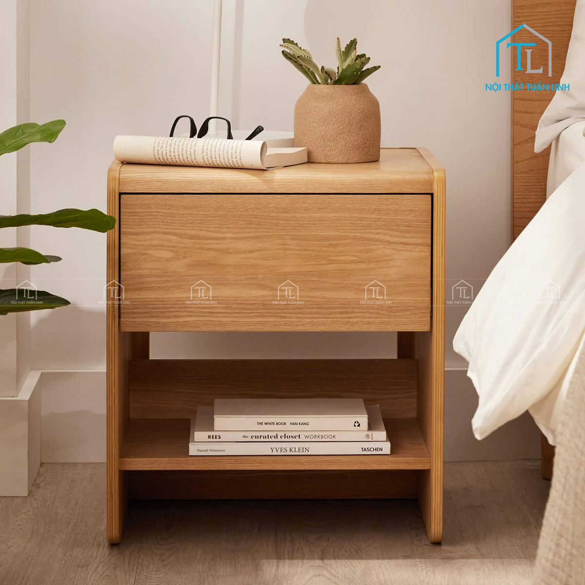 Tủ đầu giường gỗ MDF bo cong phủ vân gỗ sáng hiện đại