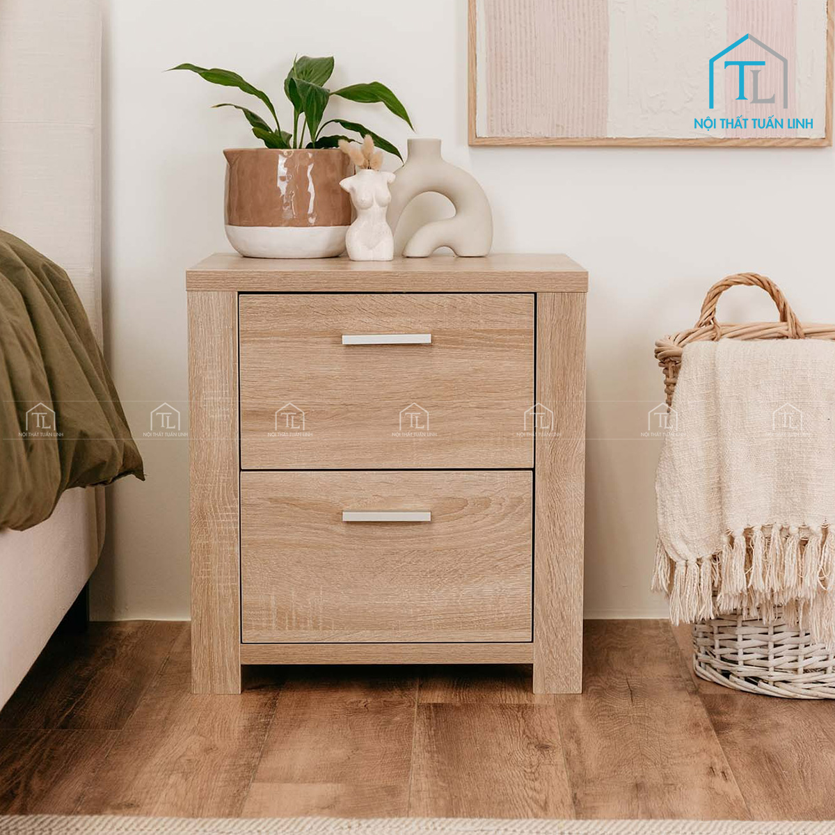 Tủ đầu giường MDF 2 ngăn kéo trong phòng ngủ hiện đại