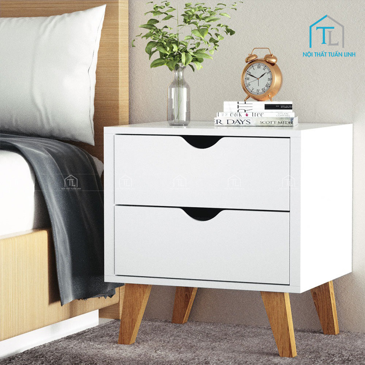 Tủ đầu giường MDF phủ veneer trắng 2 ngăn kéo