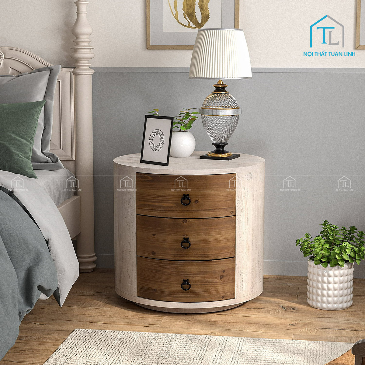 Tủ đầu giường tròn MDF 3 ngăn kéo đặt cạnh giường ngủ hiện đại
