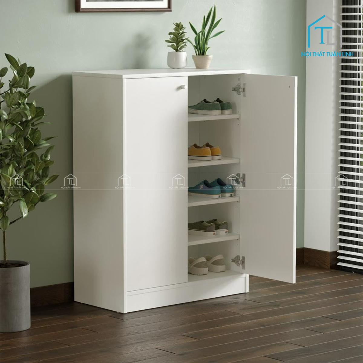 Tủ giày dép gỗ công nghiệp 2 cánh màu trắng thiết kế hiện đại