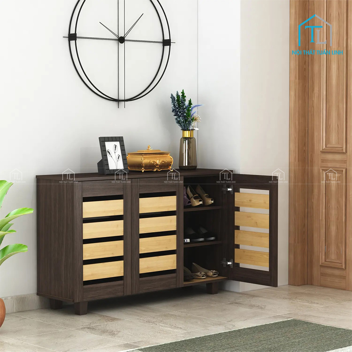 Tủ giày dép 3 cánh phối màu vàng nâu Wenge
