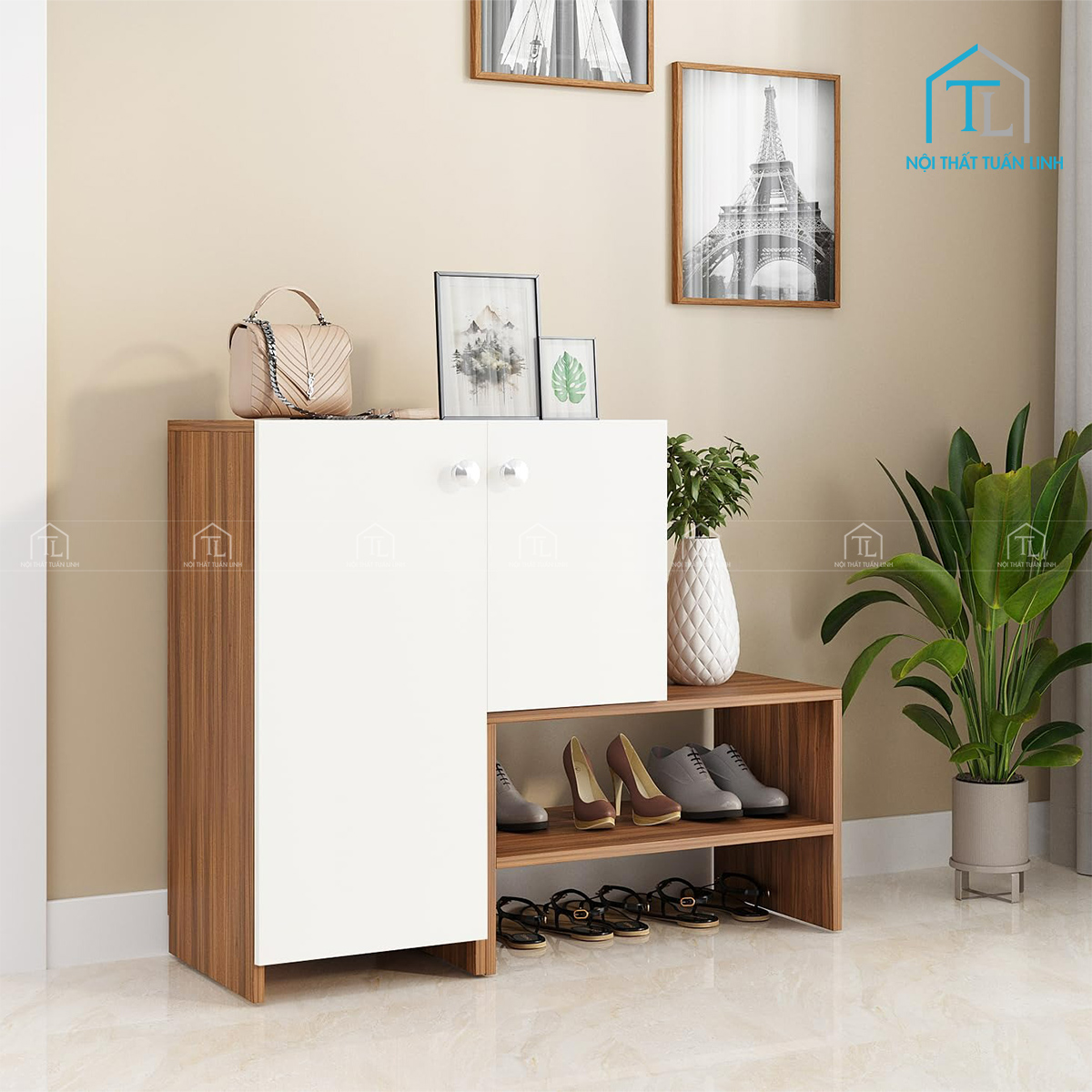 Tủ giày gỗ công nghiệp 7 tầng phối màu vân gỗ và trắng hiện đại